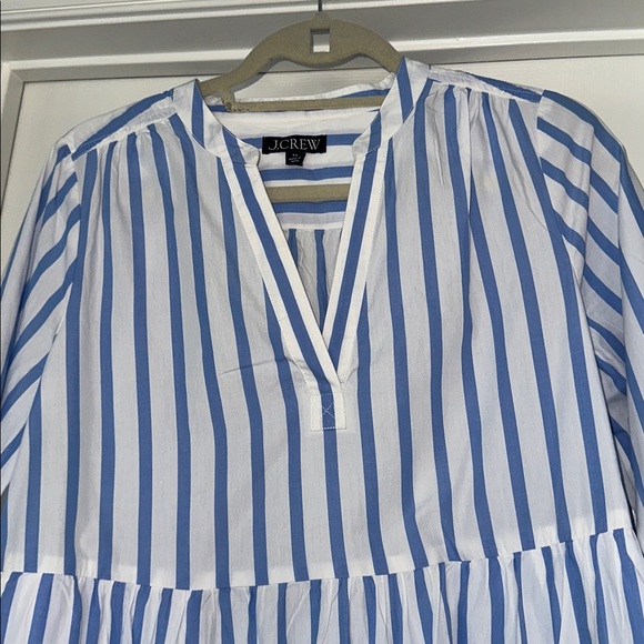 J.CREW Tiered Organic Cotton Poplin Long Sleeve Mini Dress Blue Barrie Stripe - Picture 3 of 11